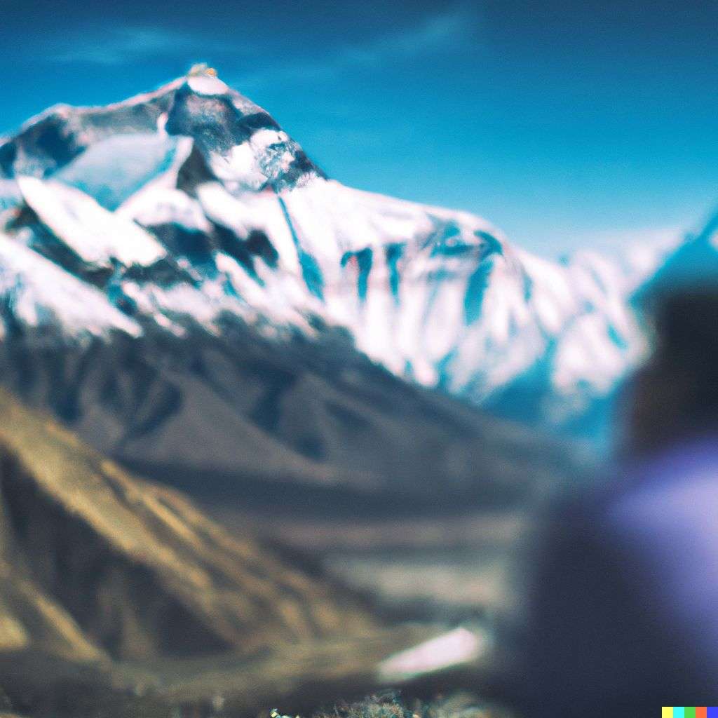 someone gazing at Mount Everest, photograph, extreme bokeh